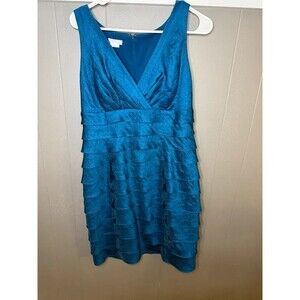 London Times Women’s Tiered Shimmer Sheath Dress, Teal Blue, Size 10